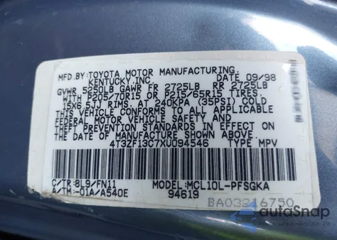 1999 Toyota Sienna Le z USA, uszkodzony, nr VIN 4T3ZF13C7XU094546